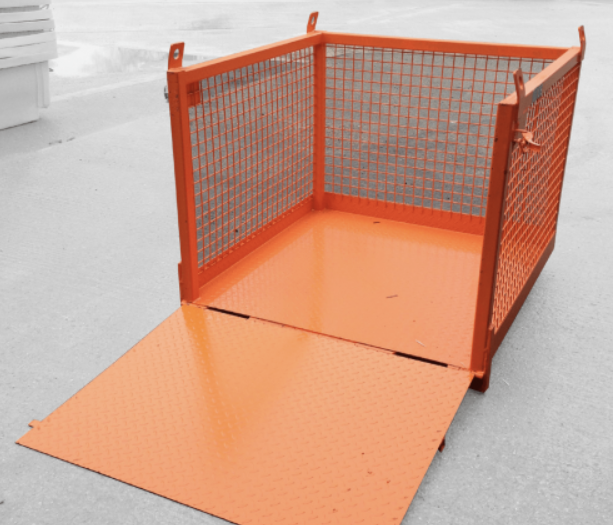 Crane Materials Basket with a drop down gate that is open. This s a front facing 3/4 view. The bin is orange and the surrounding space is gray.