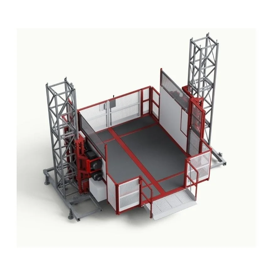 Materials hoist for construction materials. These material handling hoists are red and white with a white background