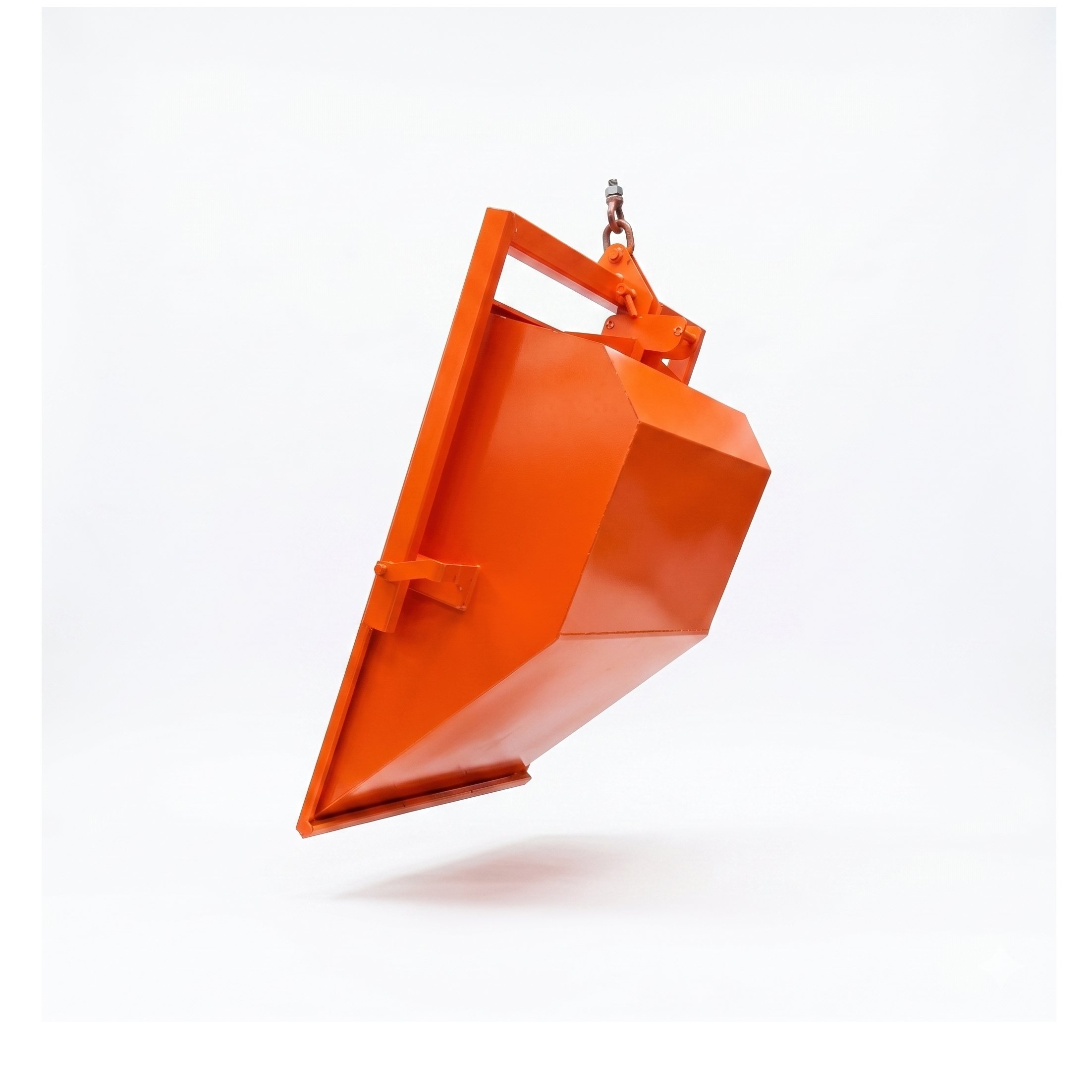 CraneGear Skip Pan tipped up fully to dump out the contents. The orange bin is on a white background. The perspective is a rear three quarter view.