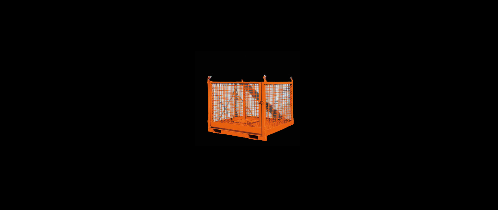 Crane Pallet bin for single pallet manufactured by Eichinger. The orange bin is on a black background.