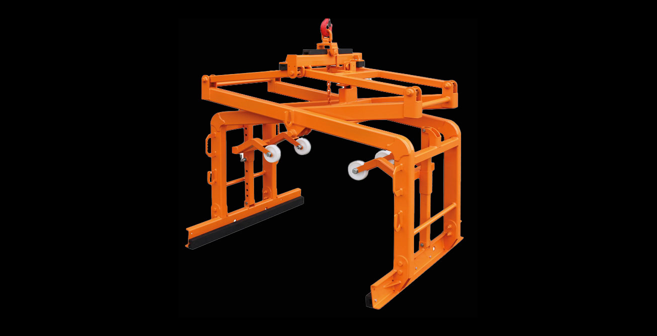 Eichinger's 1083 Block Clamp in orange on a Black Background. This pallet sized clamp works with cranes and forklifts to lift pallets of blocks and bricks.
