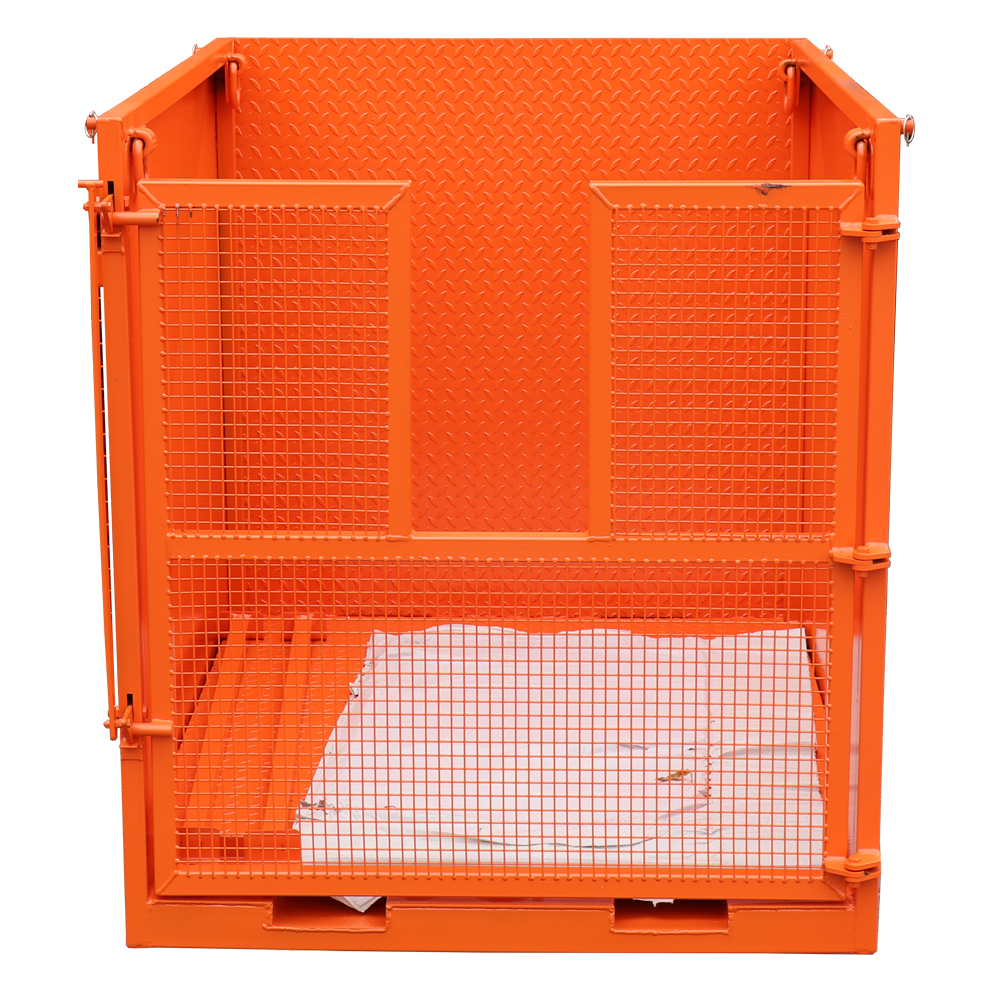 Crane Pallet Bin with ramp in orange against a white background. These are sold by CraneGear.net in North America