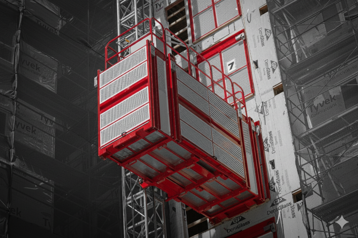 Construction hoist in red and white with matching landing gates.