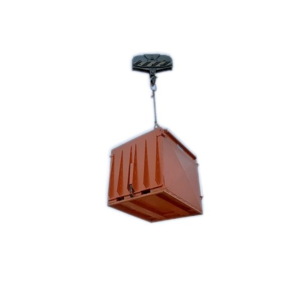 Eichinger Crane Materials Basket 1058C rated at 3300 lbs for a single pallet. The orange bin is being lifted by a crane on a white background.