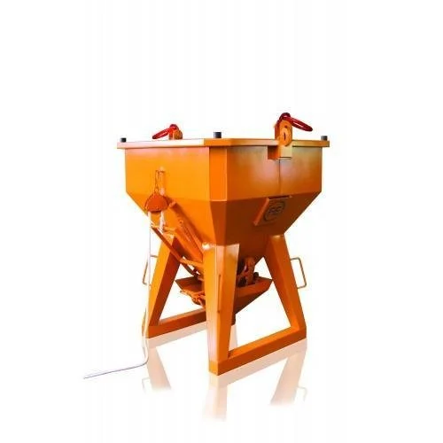 Eichinger 1034 Concrete bucket in orange on a while background. This three quarter view shows the whole of the concrete bucket.