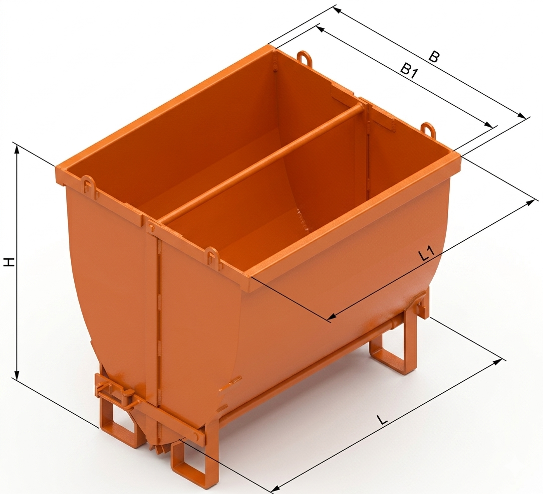 Eichinger model 1043 Clamshell Bucket three quarter upper view. The orange bucket is on a white background. Dimensional marks are on the photo.