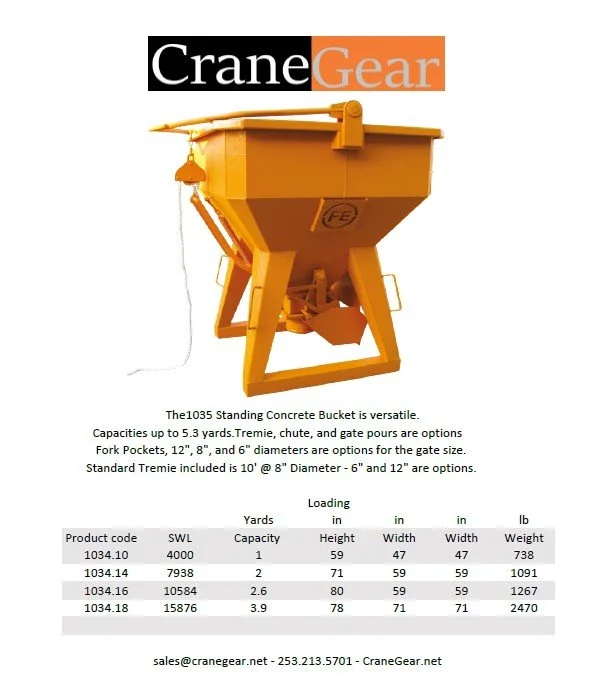 Eichinger 1035 concrete bucket in orange on a white background. This is the brochure from CraneGear showing the dimensions.