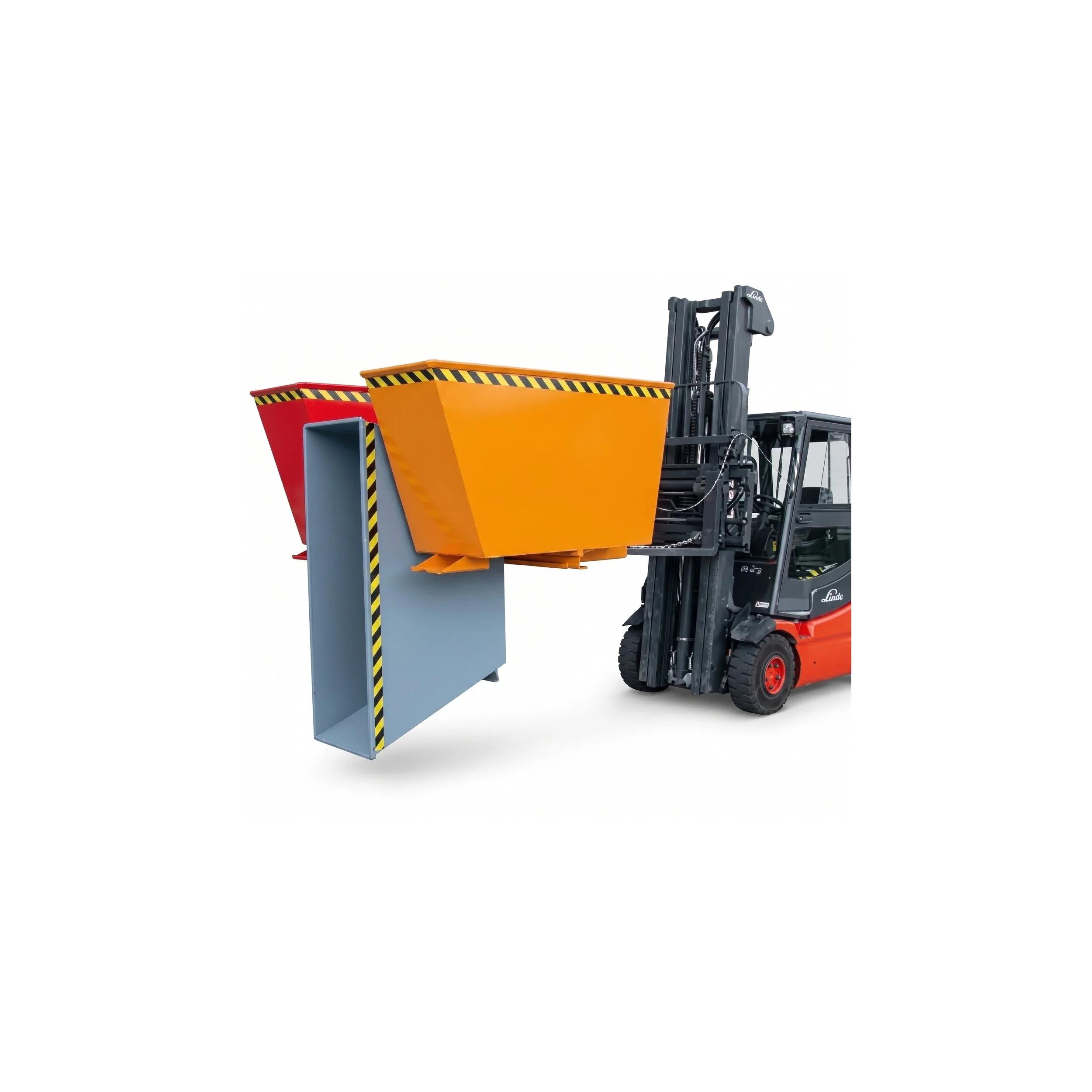 Forklift hopper for sorting materials on a forklift. The multiple colored bin is being lifted by a forklift on a white background