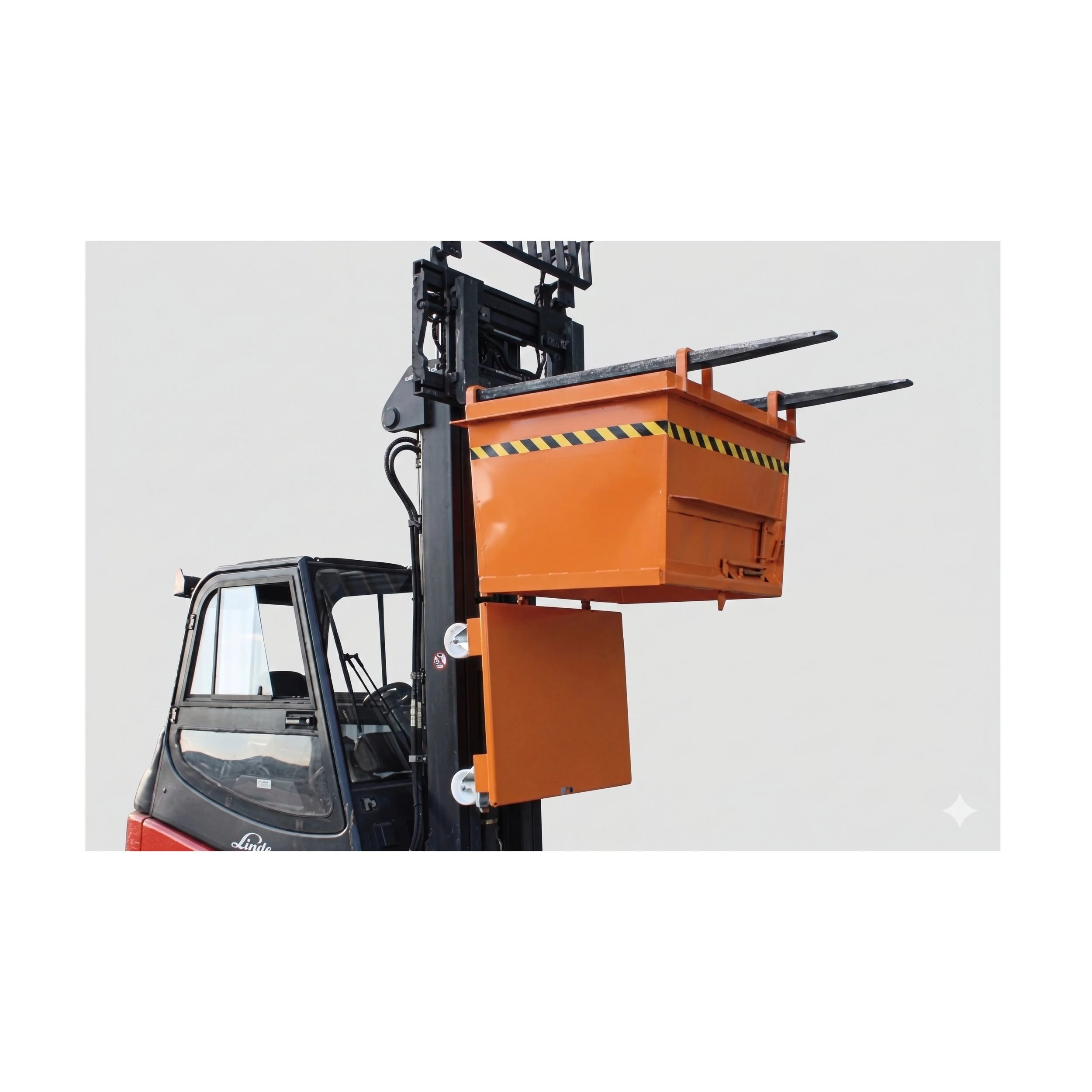 Drop Bottom Bin on forklift with the bottom opened. White background in 1 to 1 ratio.