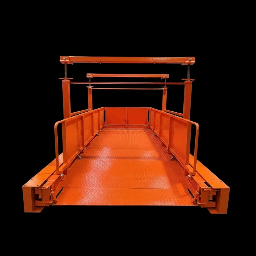 This loading platform is used in high rise construction. Their easy installation helps enhance safety. This loading platform is orange. It's an end view with a black contrast field.