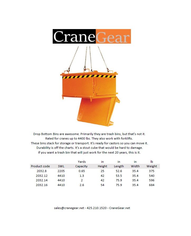 Crane Gear Brochure for Drop Bottom bins with dimensions in imperial measurements