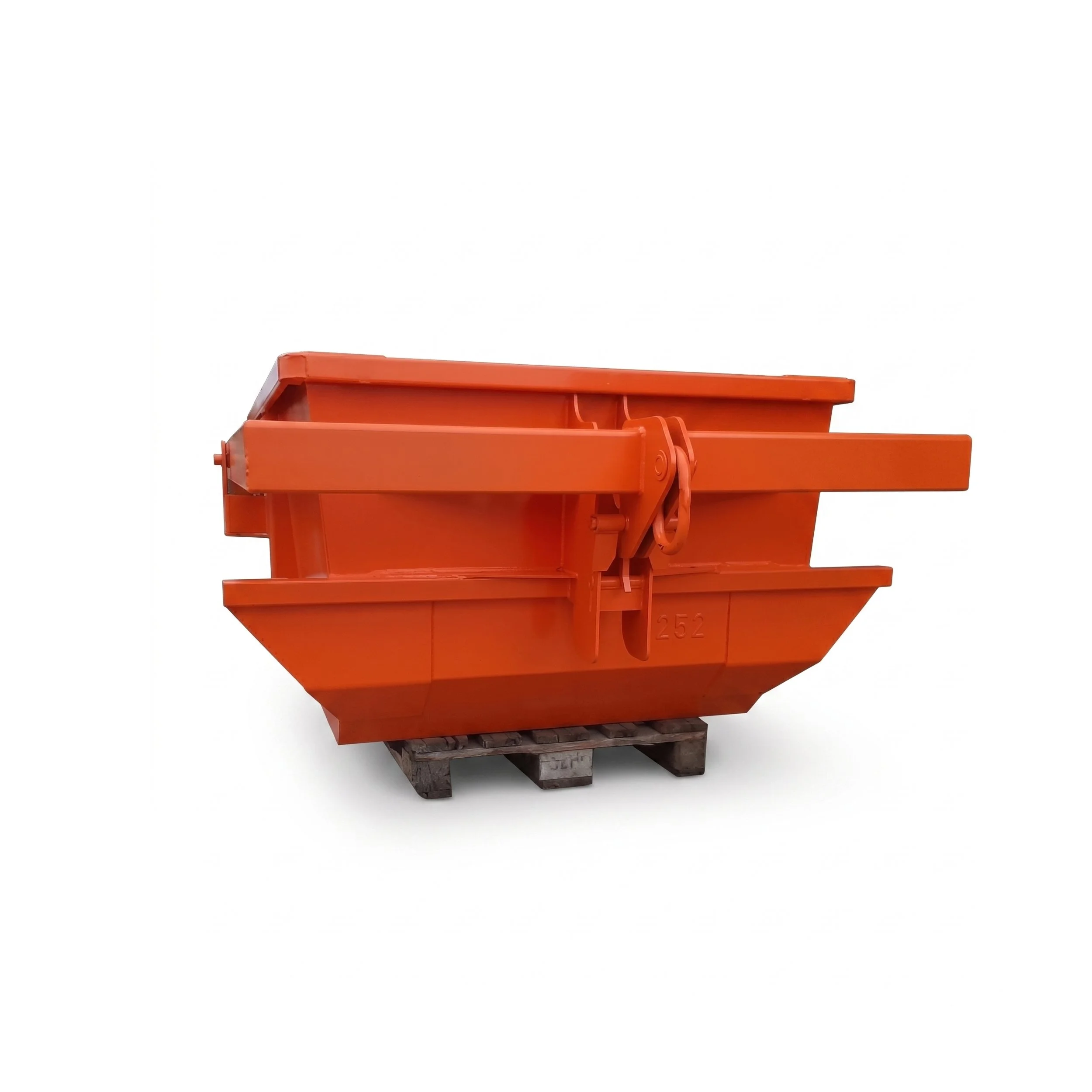 Crane Skip Pan Rear View on white background. Image shows Guiding wing structures that guide Skip Pans into dumpsters.
