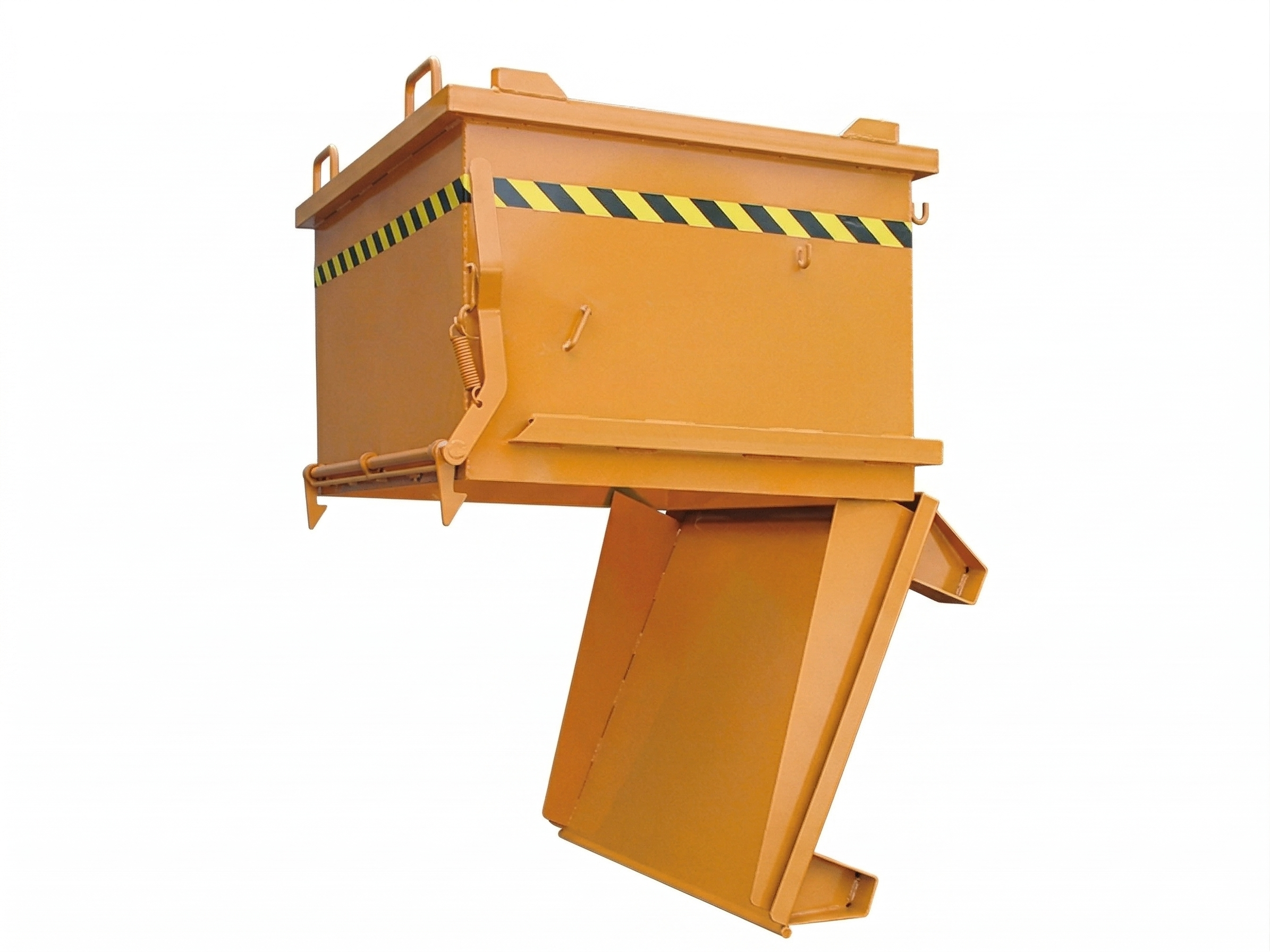 Drop Bottom Crane Bin by Eichinger in orange on a white Background with the bottom gate open.