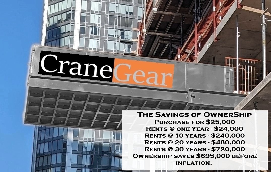 CraneGear Crane loading platform in gray on a construction site with a data section showing the savings of ownership versus rental of crane loading platforms