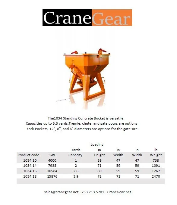 Eichinger 1034 Standing concrete bucket brochure showing concrete buckets dimensions.