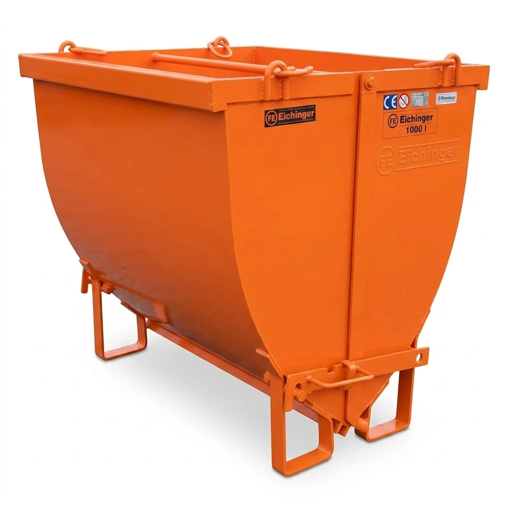 Eichinger Clamshell Crane Bin for Landscaping. The view is a 3/4 frontal shot of the Orange bin on a white background