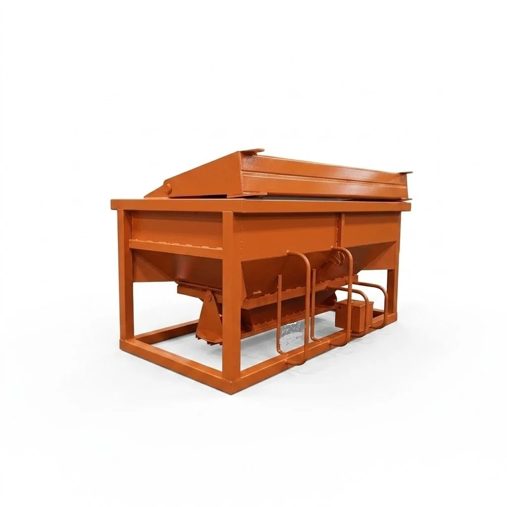 5 yard materials bucket for delivering concrete, rock, or other flowable materials. On a white background. the photo is a 1 to 1 ratio.