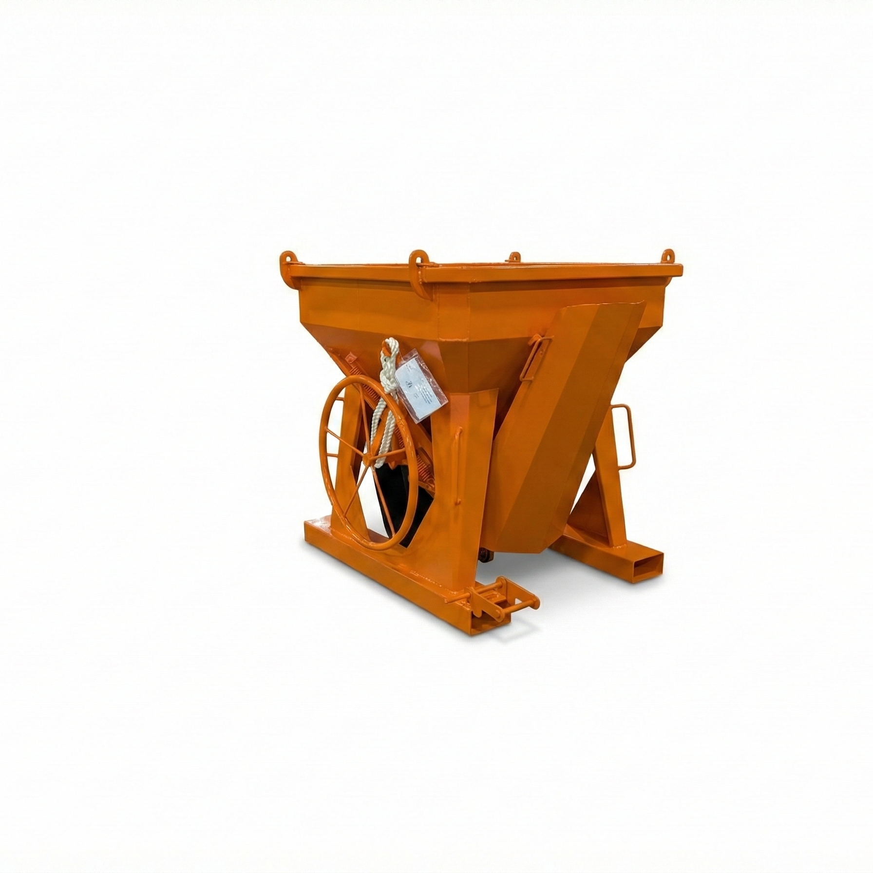 Eichinger 2 yard Concrete bucket suitable for cranes or forklifts. It has the options of a chute and a tremie hose. It's Orange and on a white background.
