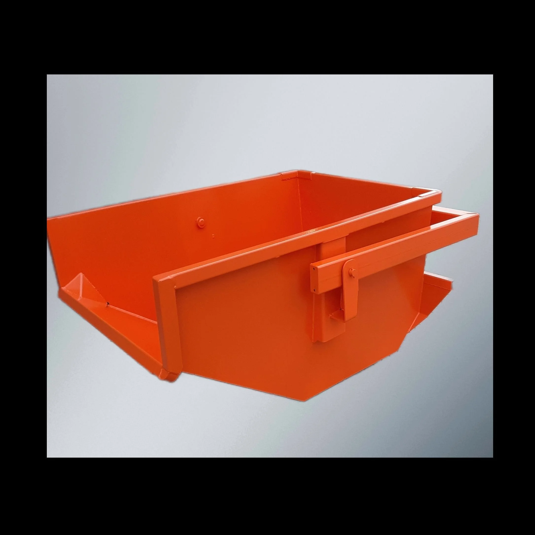 This skip pan by Eichinger is made of heavy duty steel and the dump box is in orange on a gray background.