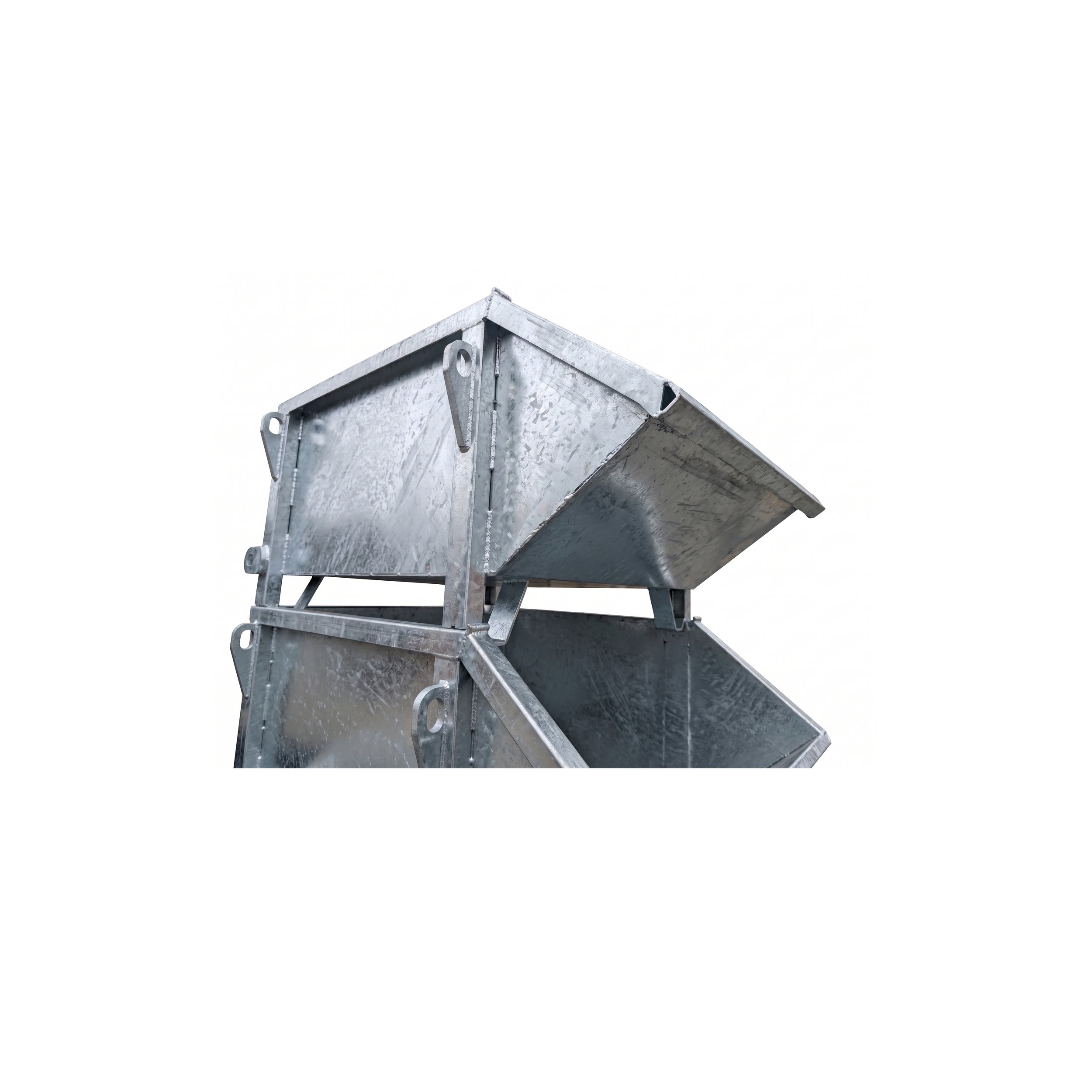 Crane skip pans stacked in galvanized coatings. The background is white.