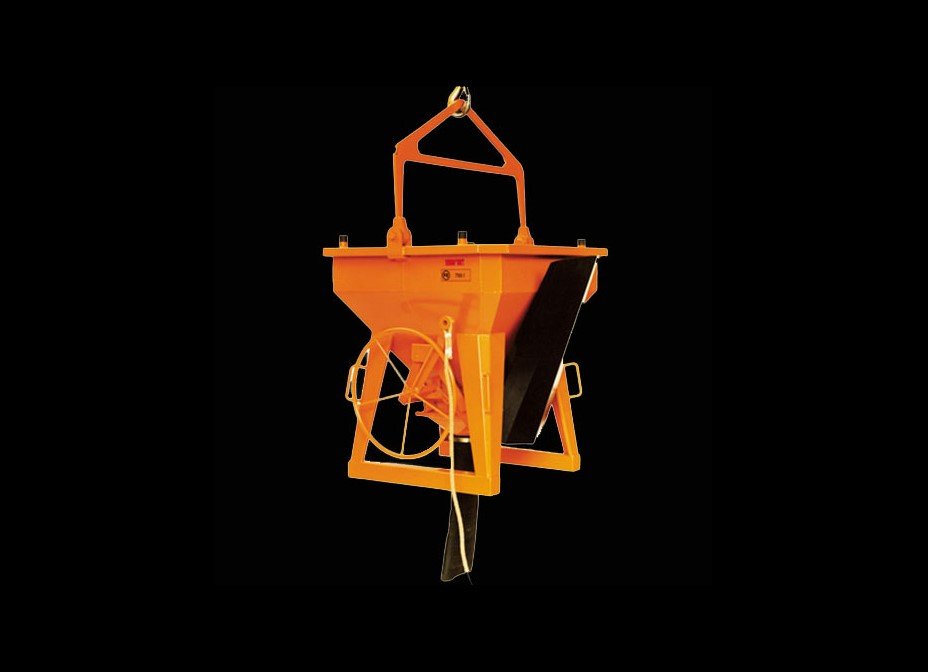 2.6 yard concrete bucket with chute included. The bucket is orange with a black back ground