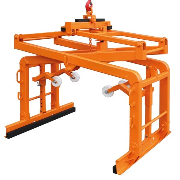 Eichinger's 1083 Block Grab that lifts pallets of brick, tiles, pavers and other ridged products. The clamp is painted orange is is on a white background.