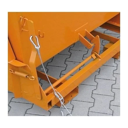Forklift tipping bin locking mechanism in orange close up. Shows how incredibly easy it is to unlatch.