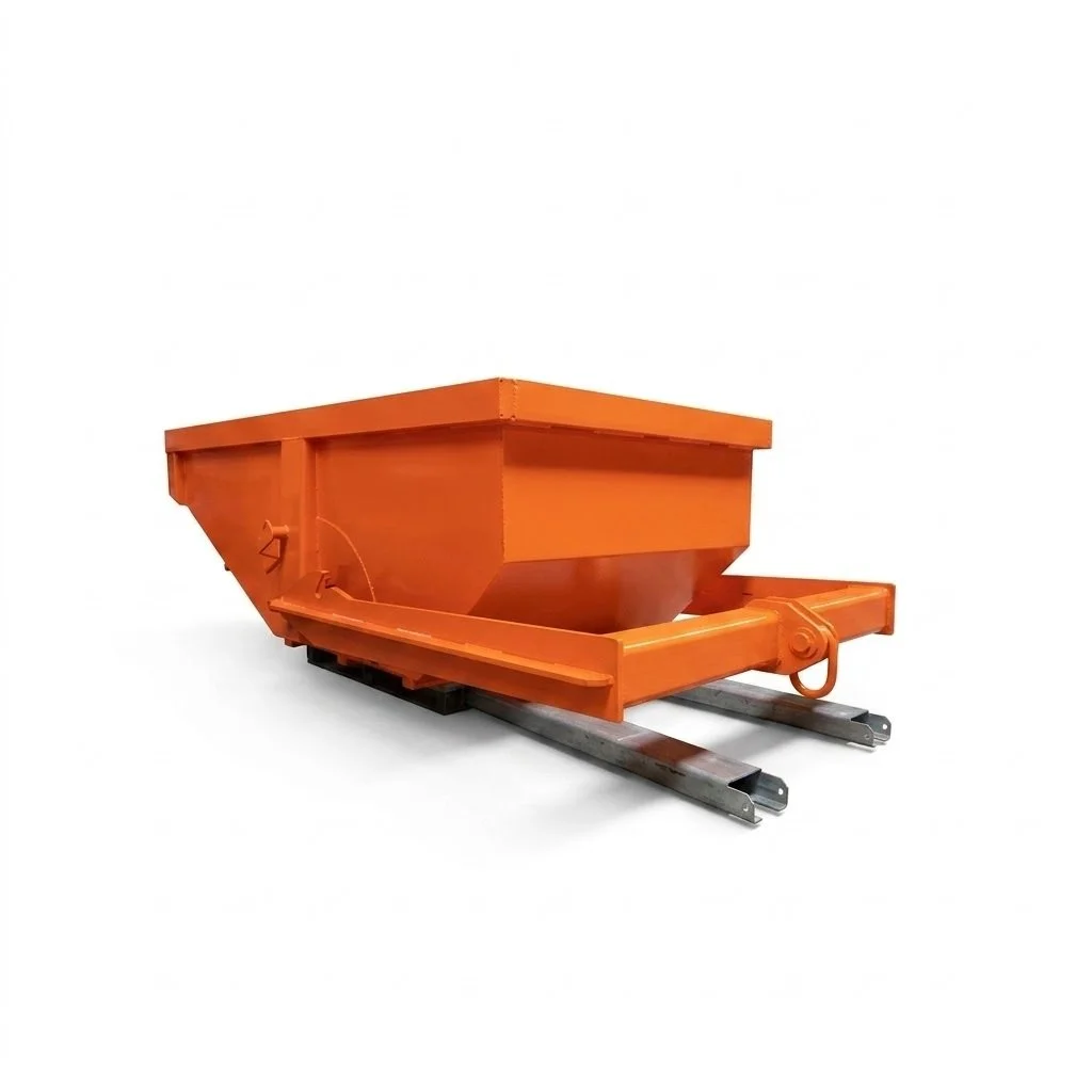 Eichinger Self dumping crane bin. The bin is orange on and on a white background. The ratio is 1 to 1