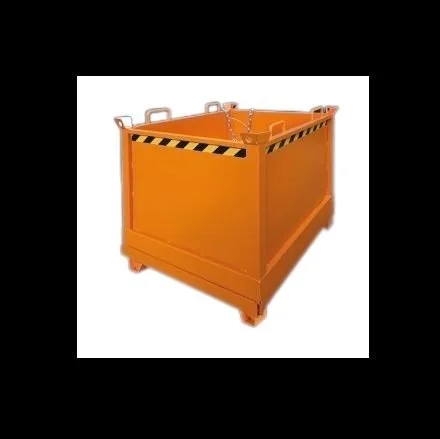 Drop Bottom Crane Bin suitable for forklifts or castors as well. The orange bin is on a white background with a black surround
