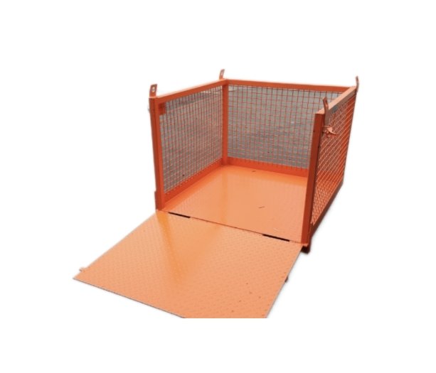 Eichinger's 1058 Crane Materials Basket for a single pallet size. The Basket is orange with a white background. It is optioned with a ramp and the ramp is down and facing the viewer.