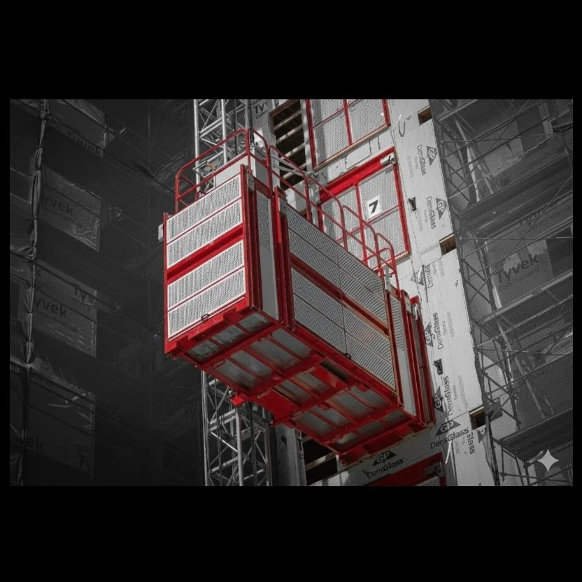 Materials Hoist Equipment traveling in the hoist way. Red and white structure with a black and white Site