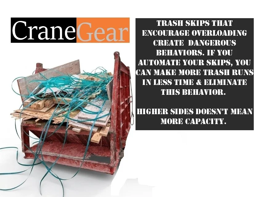 A custom designed Crane Skip Pan in red that is unsafely overloaded due to a poor design standard used.