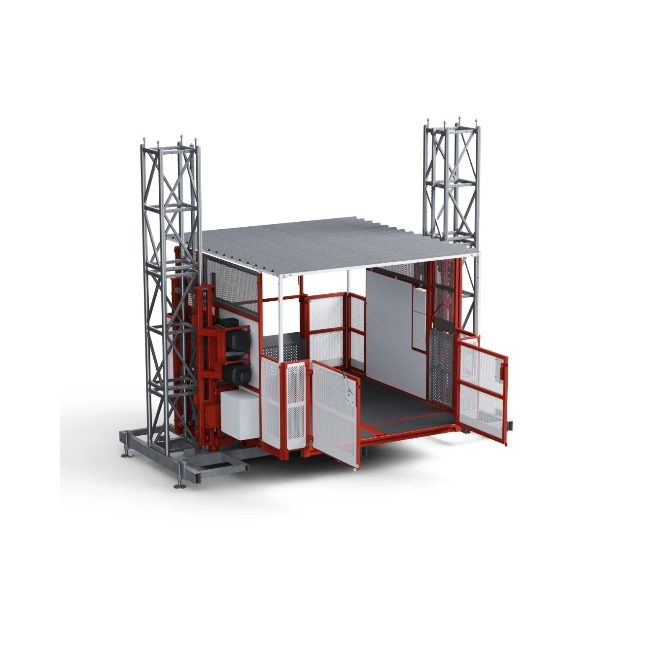 Dual Materials lifts meant to hoist heavy loads of construction materials. Red and white material hoist on a white background