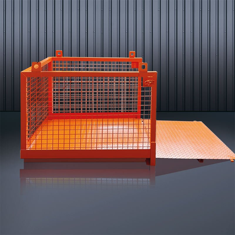 Eichinger Crane Pallet Bin for cranes. The steel bin is in orange against a studio back drop in gray tones. The bin is meant for lifting palletized items.