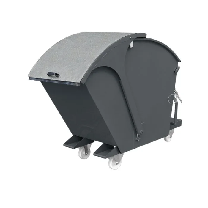 Galvanized tipping bin that takes up minimal space.