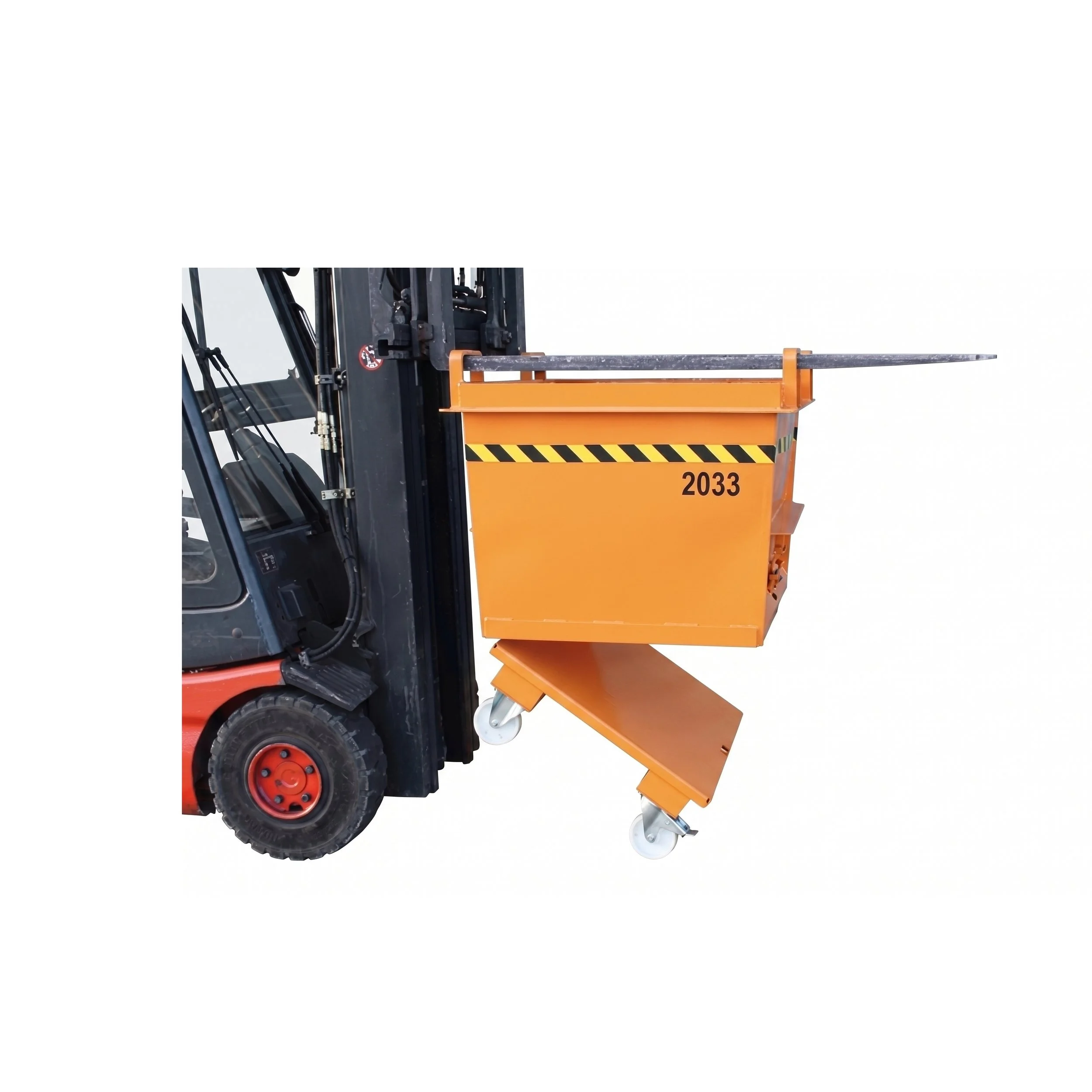 Drop bottom bin on forklift with castors and the bottom opened at 45 degrees.