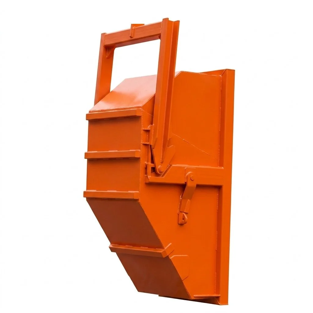 Eichinger Self dumping crane bin vertical having dumped out. The background is white. The scale is 1 to 1.