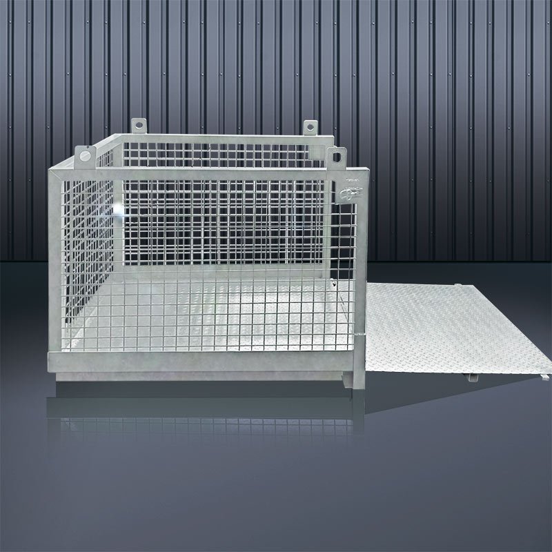 Crane Pallet Bin in gray with a studio background in gray tones. This is a profile file of the bin with a drop down ramp that is meant for lifting materials or palletized items.