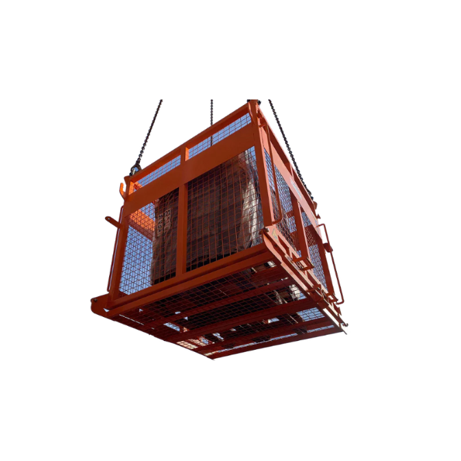 Eichinger 1058SC Cage Pallet for lifting pallets. Great industrial Utility. Orange cage lifted with a white background