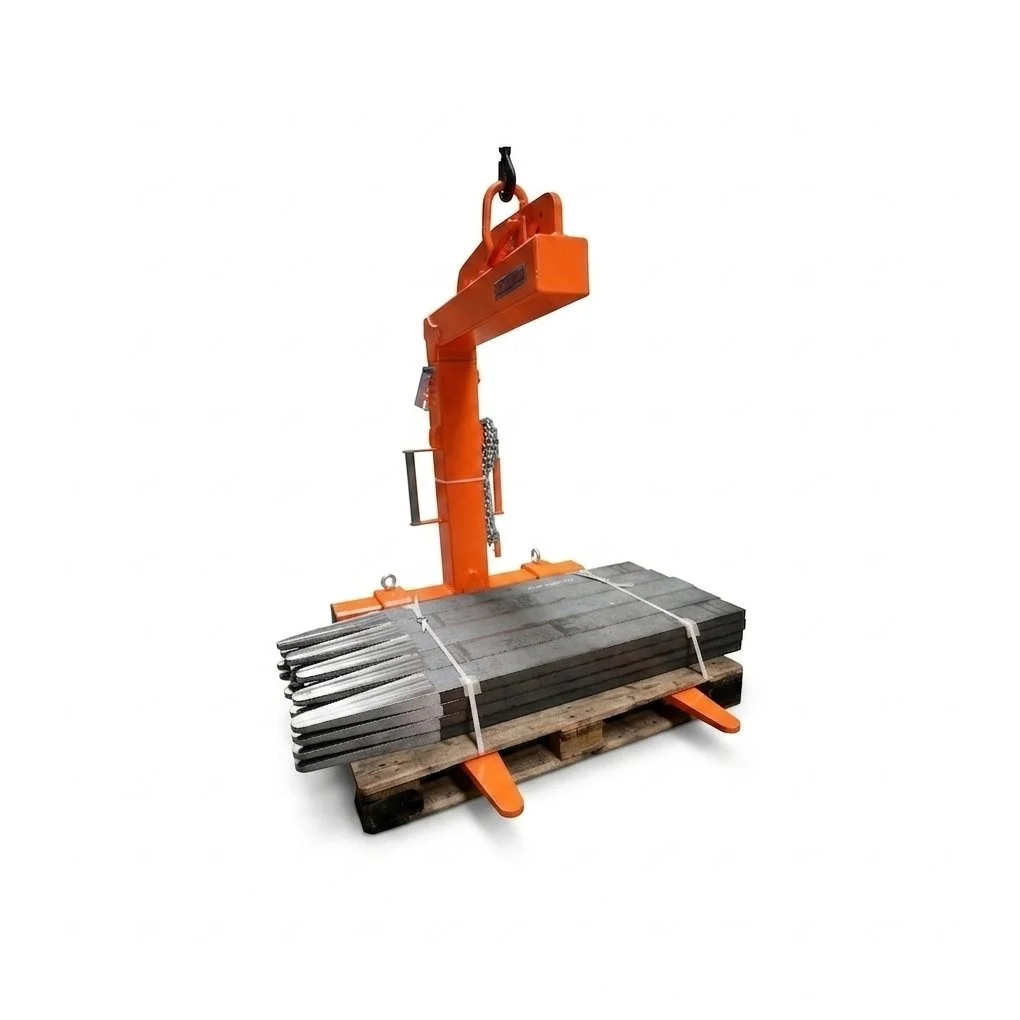 Manual Crane Forks lifting a pallet of crane fork tines. The orange crane forks are on a white background. The scale is 1 to 1.