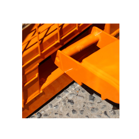 1058 robust pallet cage. This photo shows the orange structural steel lifter tine and the lock. It is orange in color and on a white background.