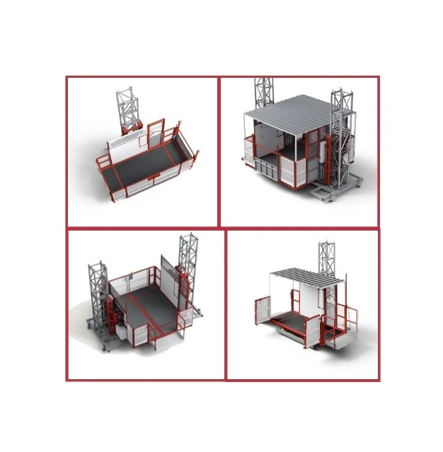 Material Hoist renderings of different configurations by Elevek. These are used in material handling to move heavy loads.