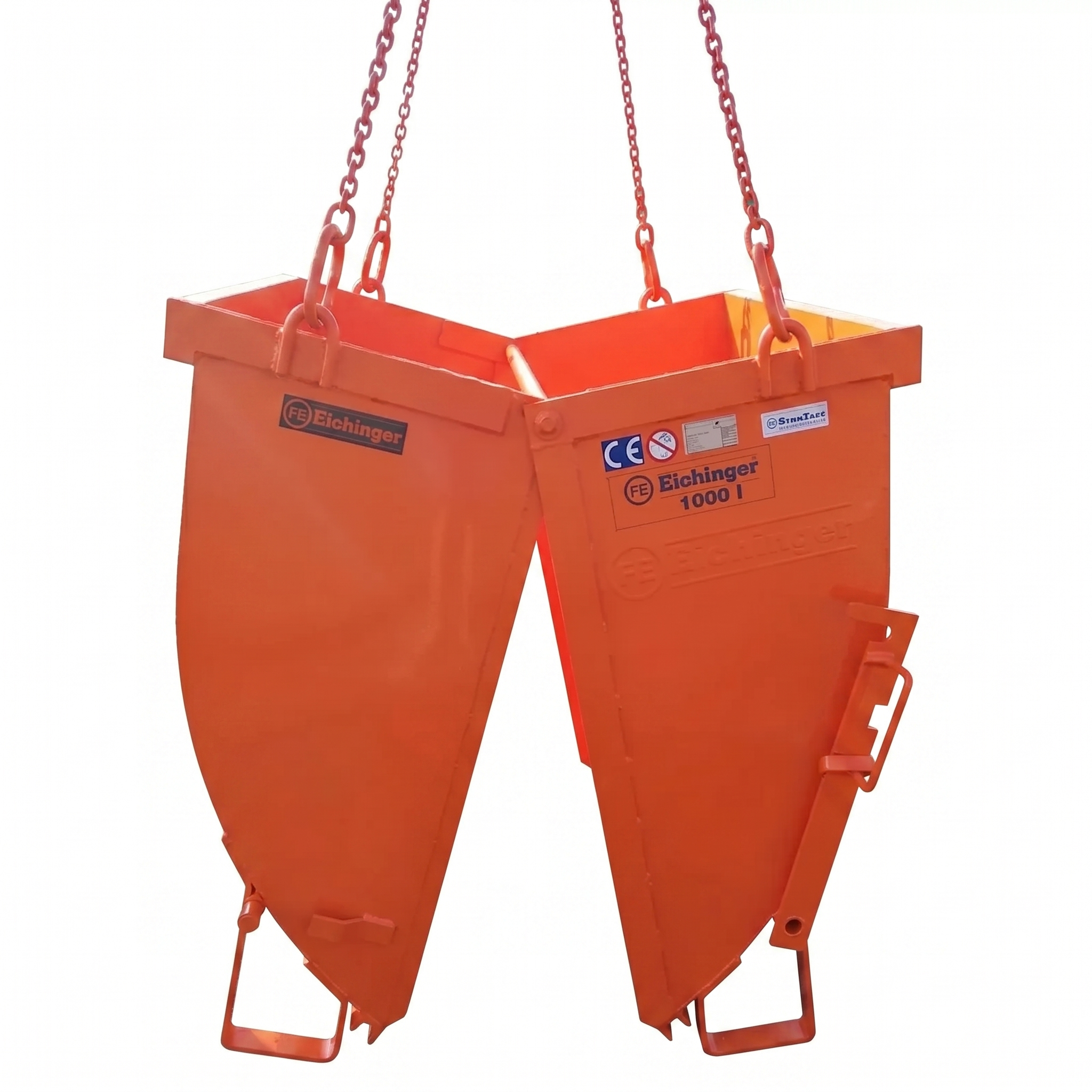 Clamshell Crane Bin opened up to dump out its contents. The bin is orange on a white background