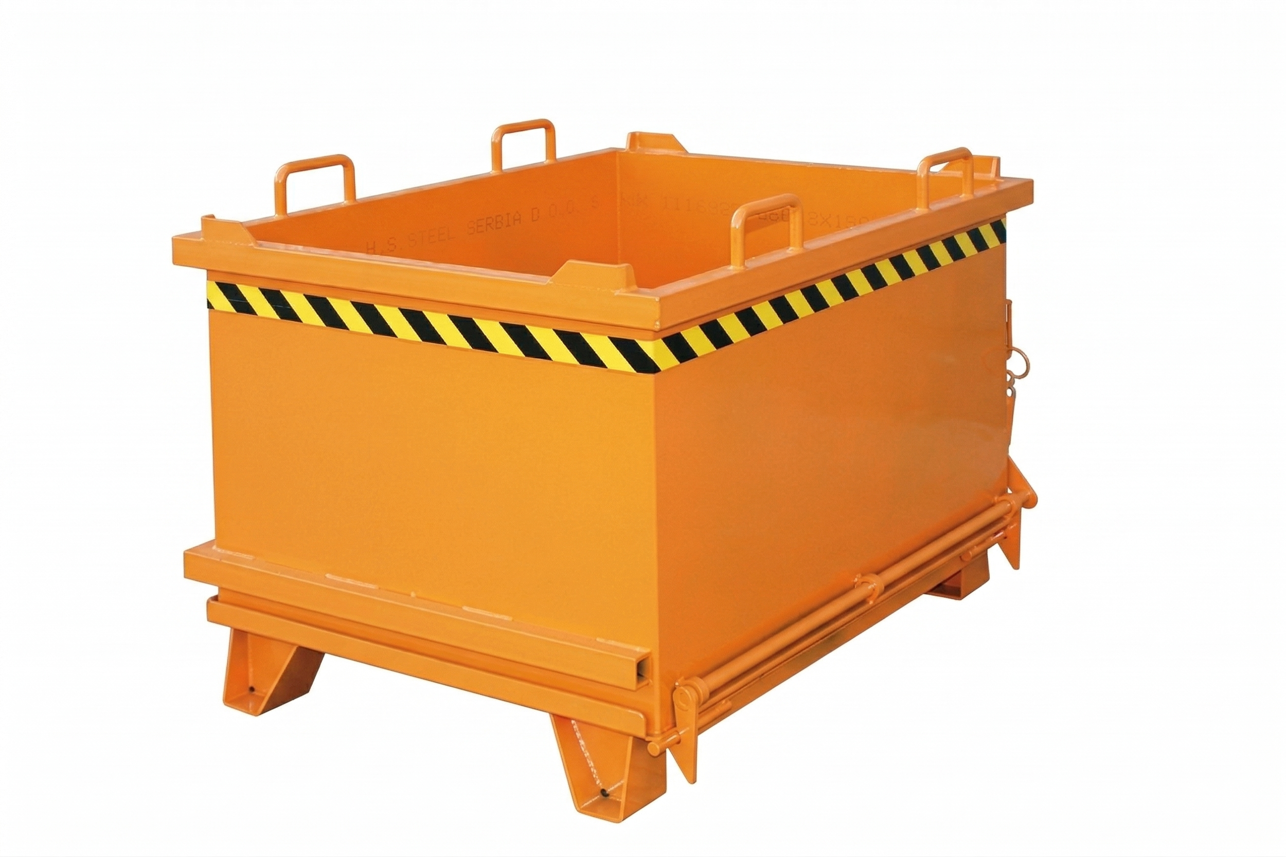 Eichinger Drop bottom bin for forklifts and cranes in orange on a white background
