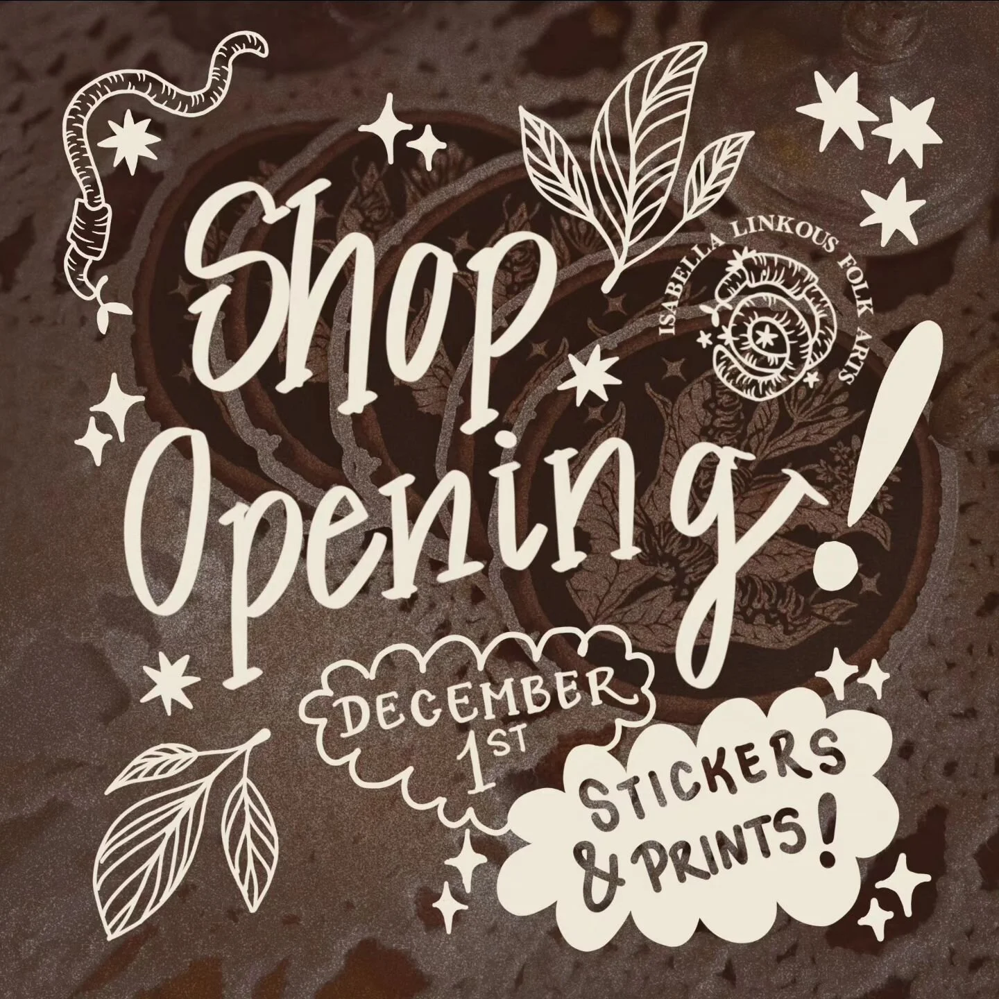 🌿✨️🪱ITS HAPPENING! 🐸✨️🌱

I'm pleased to announce that my online st0re will be opening this Friday, December 1st! 

To start off I'll have all of my stickers and prints available, but over time, I hope to do earring, brooch, plaque, and spoon drop