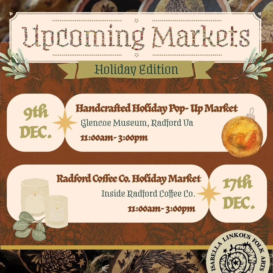 ❄️☃️Upcoming Market in Radford this Saturday, December 9th, at the Glencoe Museum from 11 am- 3 pm!🎄❄️

This one is outdoor, so be sure to dress warm!🧥

The next and final market of the year will happen on December 17th inside the Radford Coffee Co