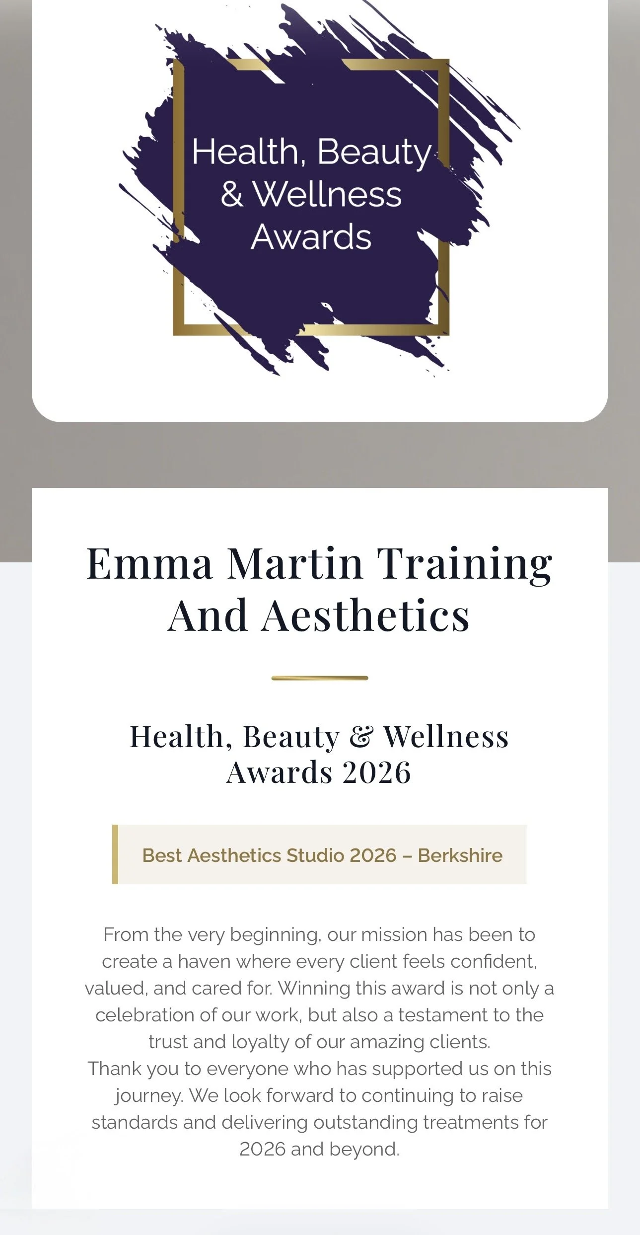 Poster announcing the Health, Beauty & Wellness Awards, 2026, for Emma Martin Training and Aesthetics, with details about the award's purpose and recipient.