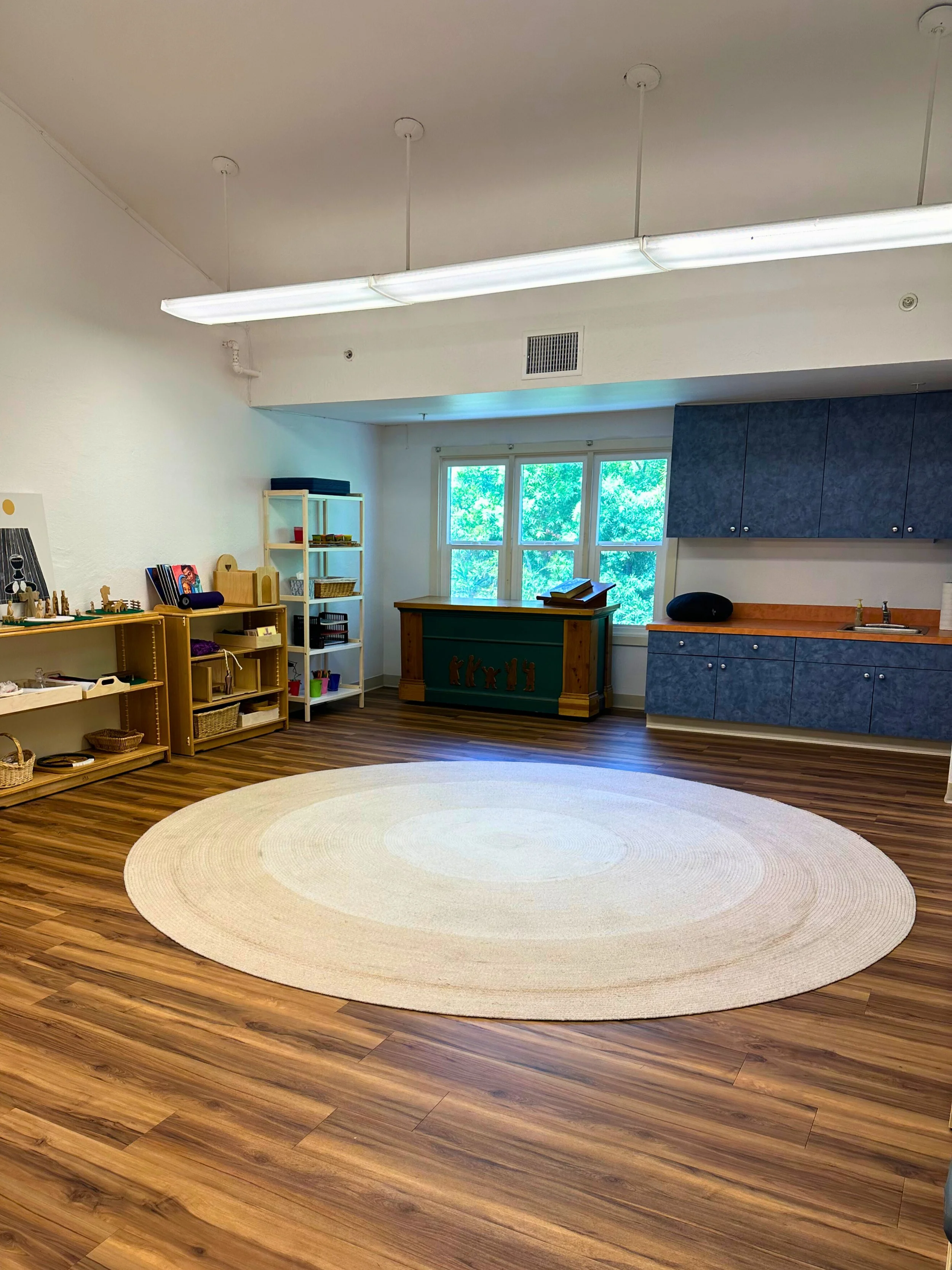 Empty classroom or playroom with wooden flooring, a round rug, bookshelves, a cabinet, and large windows with natural light.