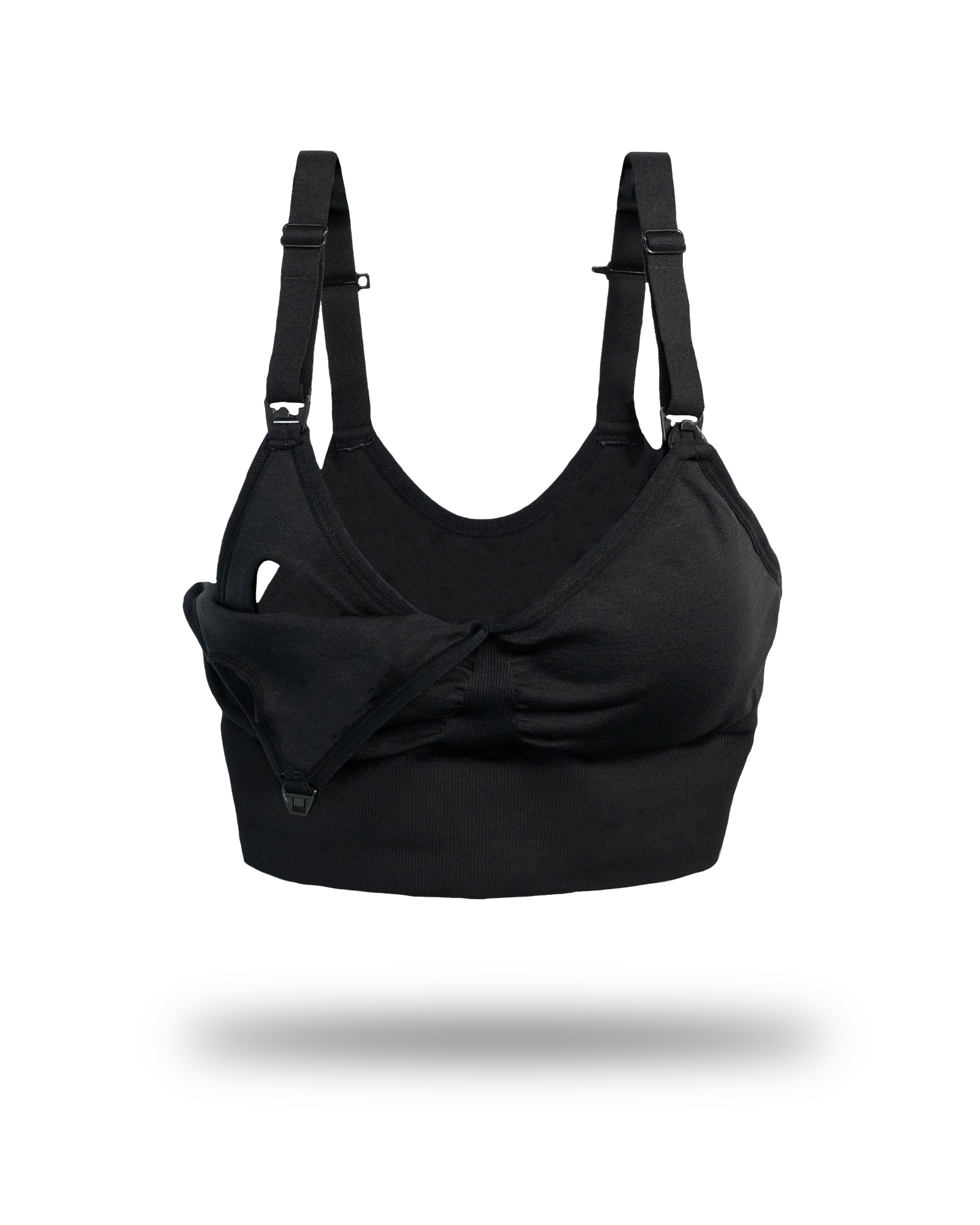 Black maternity or nursing bra with adjustable straps, one cup partially open, isolated on a white background.