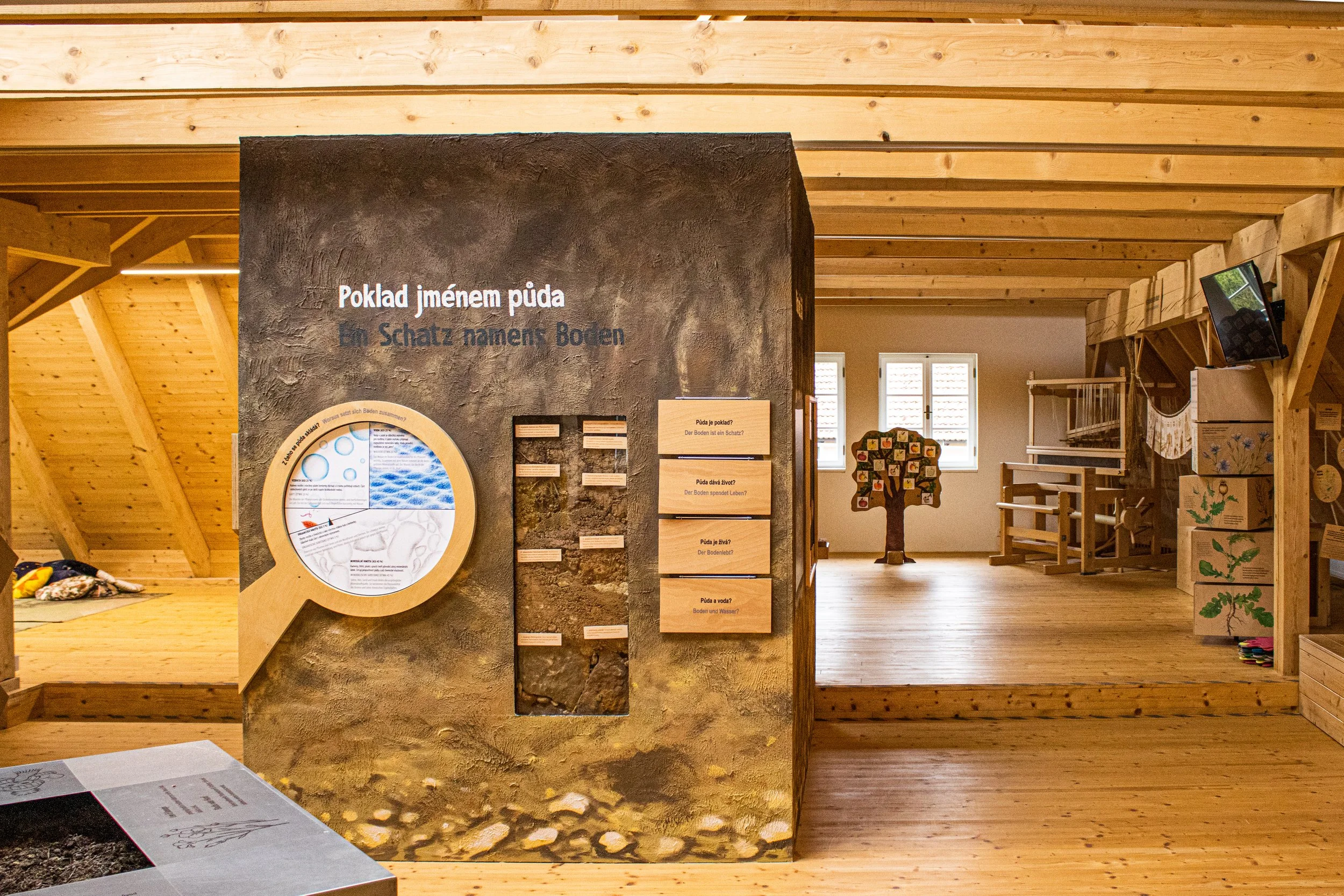 Interior of a museum or educational exhibit with wooden walls and floors, featuring an informational display about soil. There are windows at the back, and wooden furniture including a tree-shaped display and shelves, with a TV mounted on the wall to